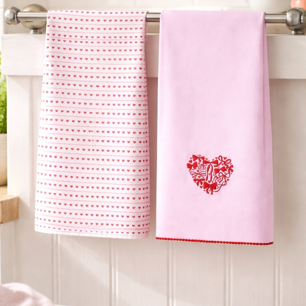 RED HEART & PINK BOW Kitchen Towel Set | NWT